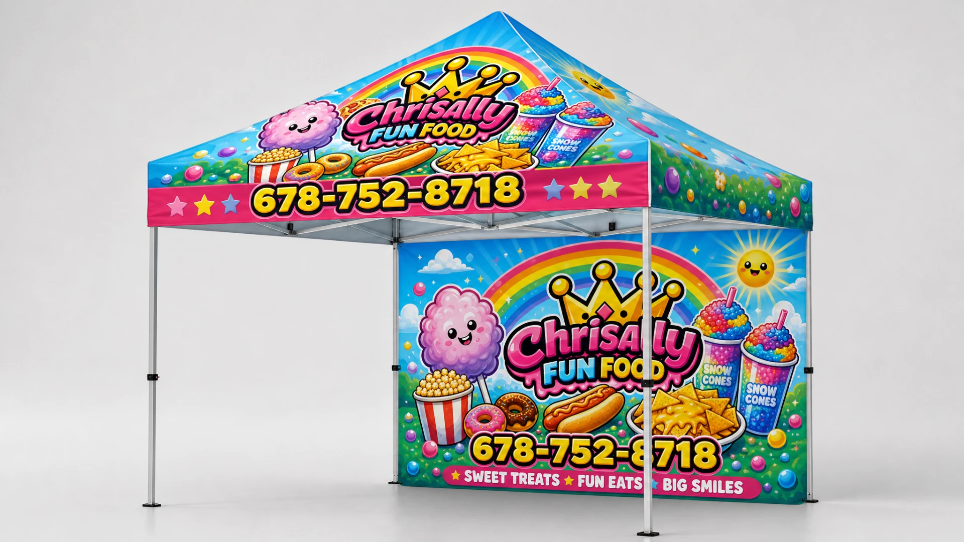 Branded ChrisAlly Fun Food concession tent setup for festivals and school events