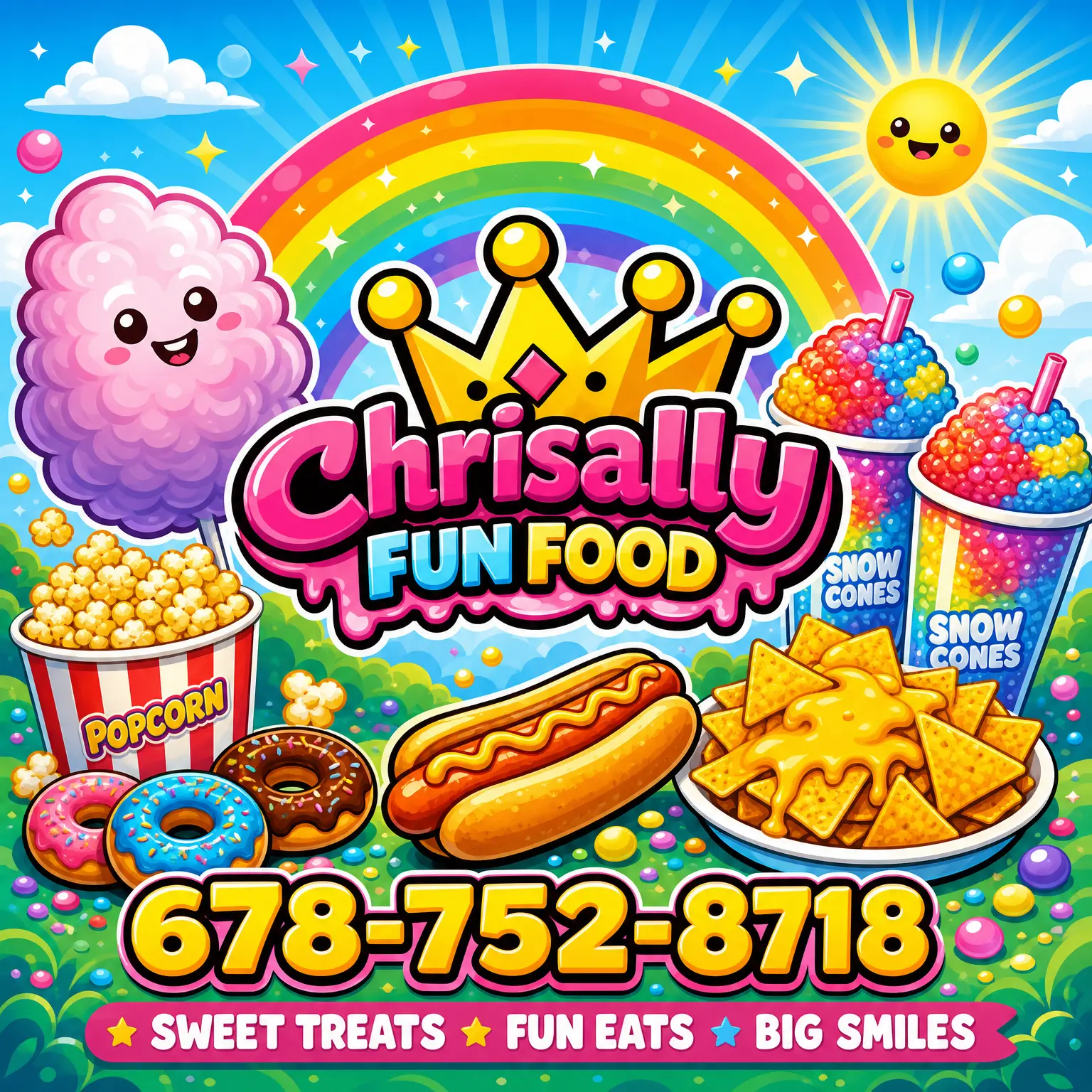 ChrisAlly Fun Food banner artwork with crown logo, rainbow and the tagline Sweet Treats, Fun Eats, Big Smiles