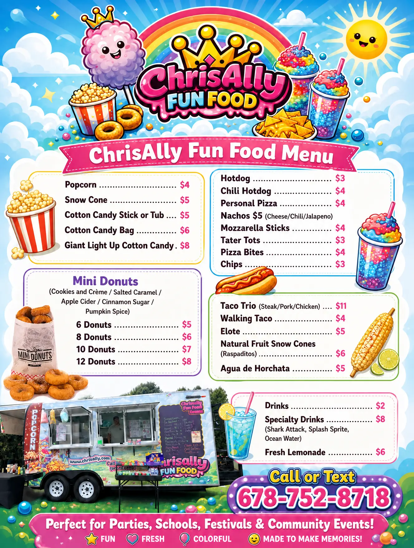 ChrisAlly Fun Food printed menu board listing popcorn, snow cones, cotton candy, mini donuts, hotdogs, nachos and tacos with prices