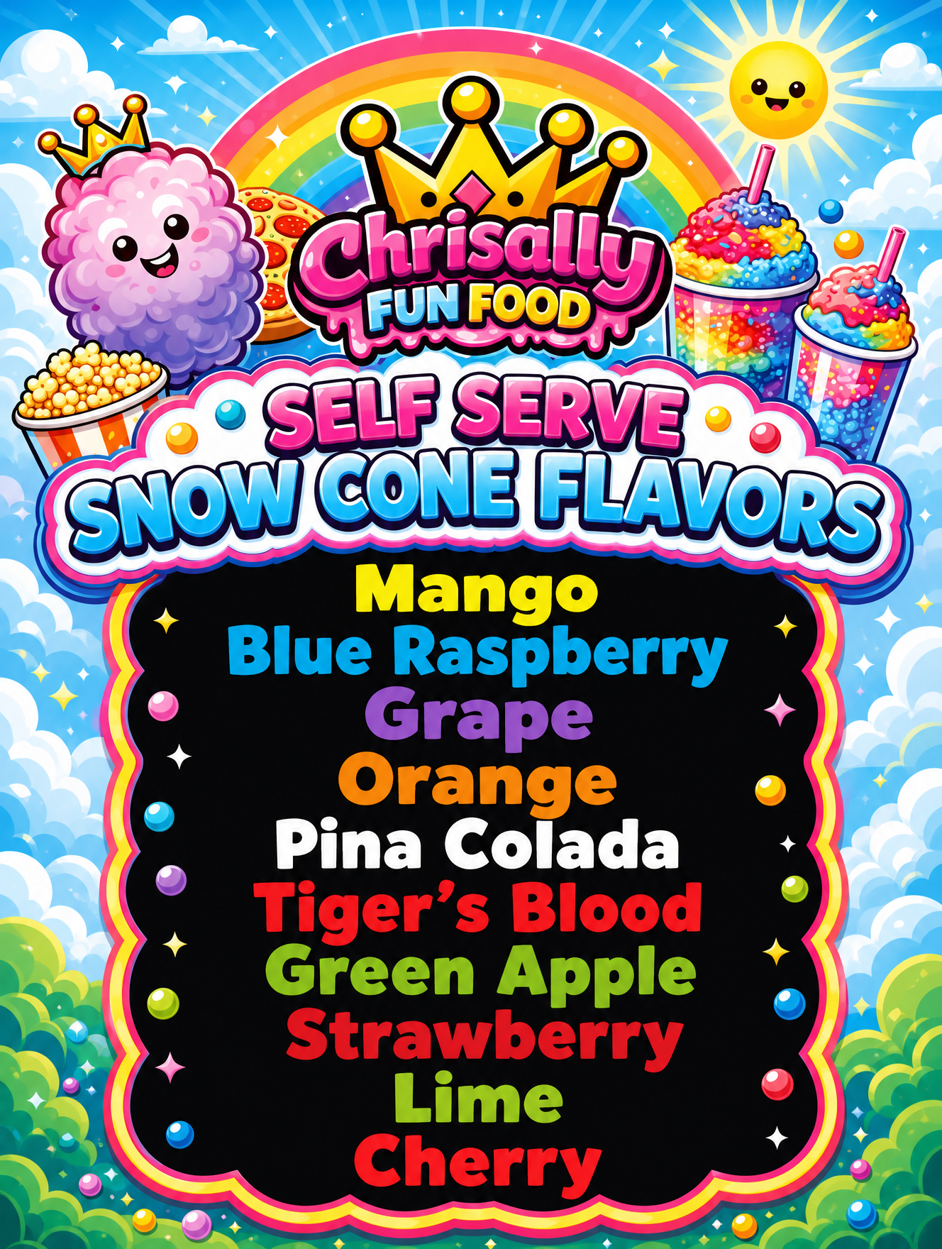 Self-serve snow cone flavor sign showing mango, blue raspberry, grape, orange, pina colada, tiger's blood, green apple, strawberry, lime and cherry